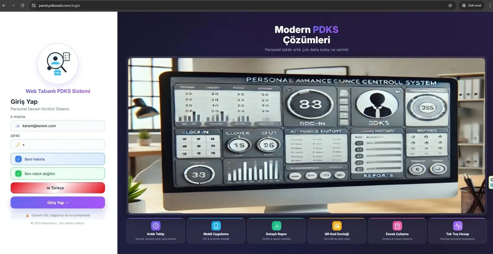 Web PDKS guvenli giris ekrani - SSL sertifikali personel devam kontrol sistemi paneli