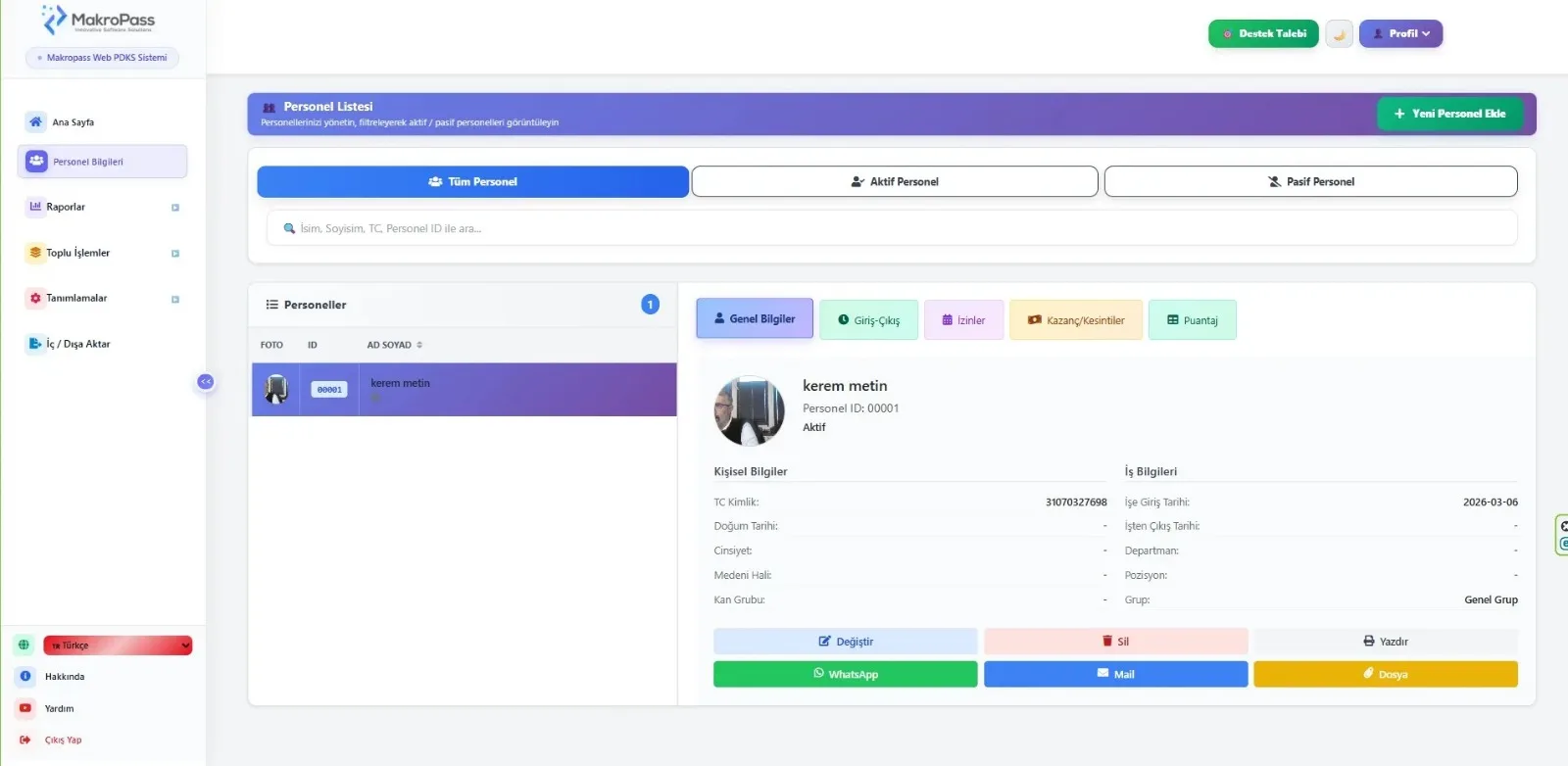 Web PDKS personel listesi ekrani - calisan bilgileri, giris cikis kayitlari ve puantaj detaylari