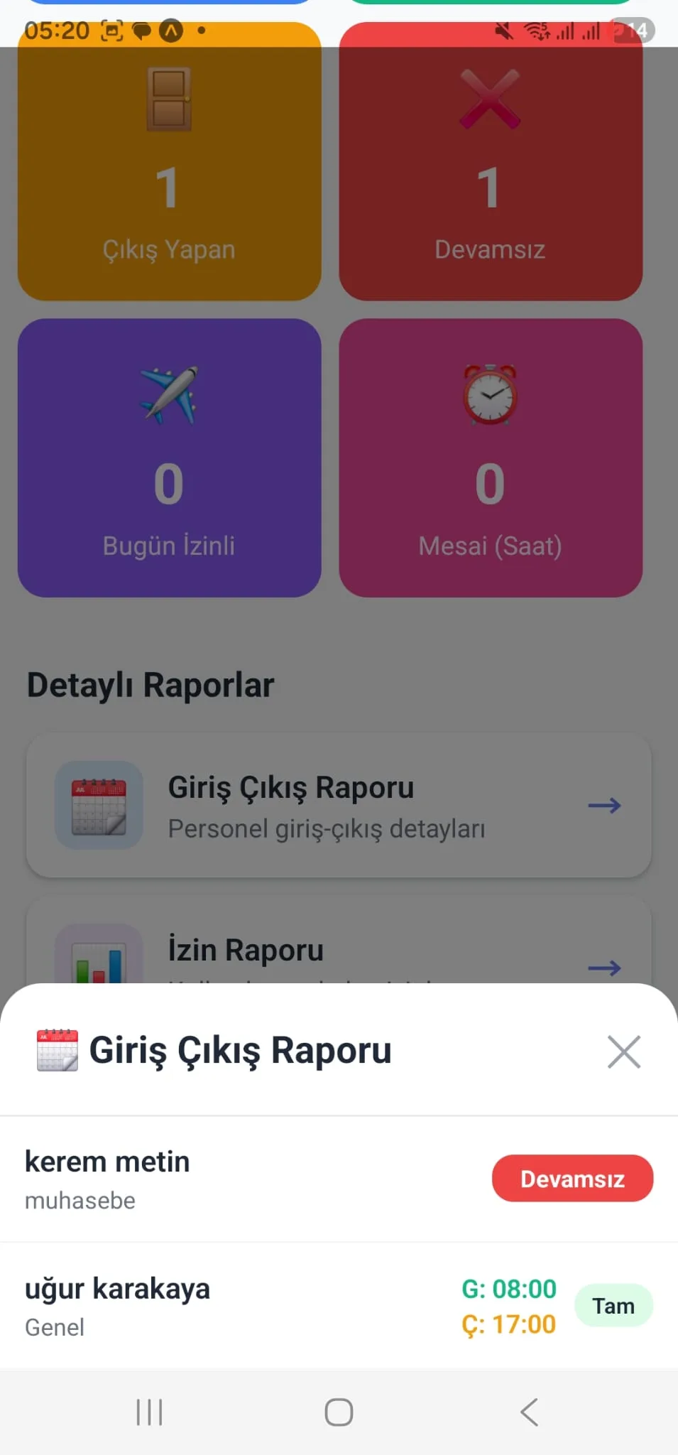 Web PDKS mobil giris cikis raporu - personel bazli giris cikis detaylari ve devamsizlik durumu
